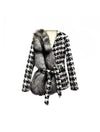 Houndstooth One Sided Fox Fur Trim Belted Wool Jacket - BEYAZURA.COM