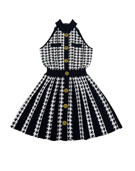 Houndstooth Pattern Halter Knit Dress - BEYAZURA.COM