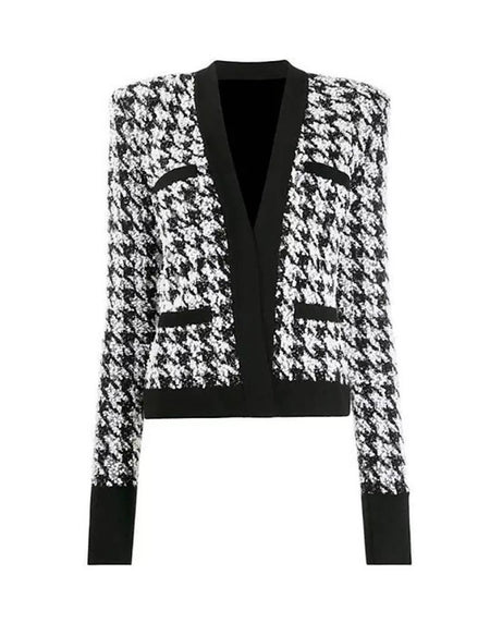 Houndstooth Patterned Tweed Jacket - BEYAZURA.COM