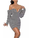 Houndstooth Ruched Sleeve Mini Dress - BEYAZURA.COM