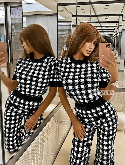 Houndstooth Short Sleeve Top and Pants Two Piece Loungewear Knit Set - BEYAZURA.COM