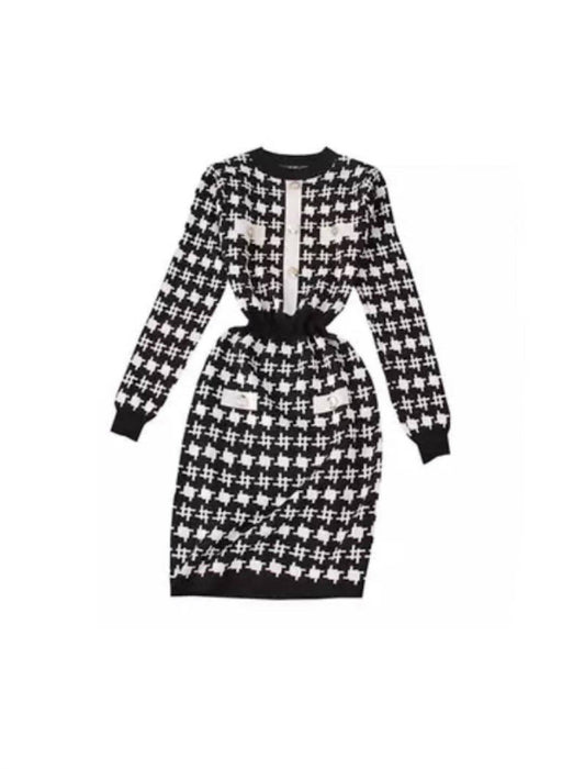 Houndstooth Tweed Knit Bodycon Dress - BEYAZURA.COM