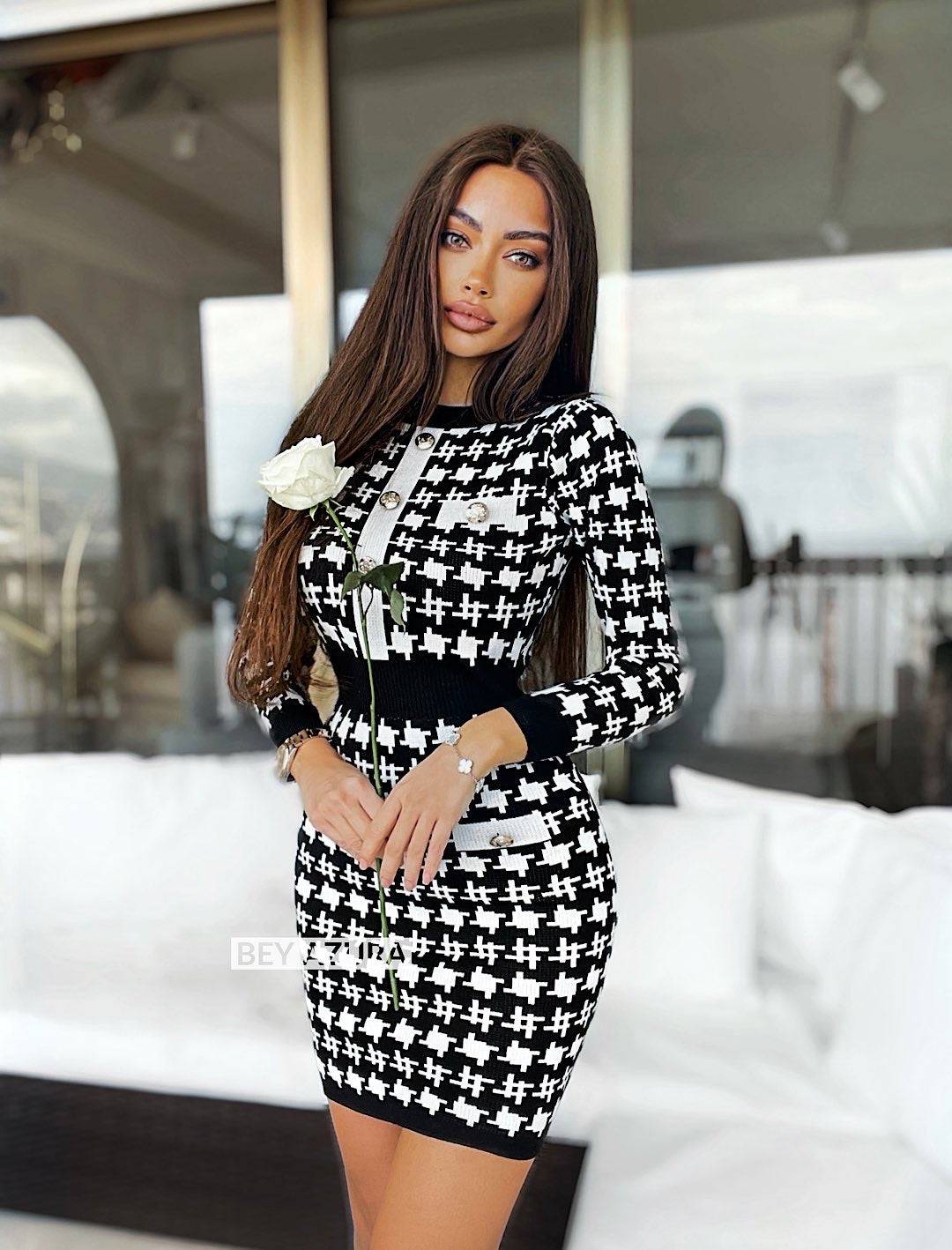 Houndstooth Tweed Knit Bodycon Dress Beyazura