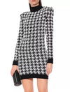 Houndstooth Tweed Knit Turtleneck Sweater Dress - BEYAZURA.COM