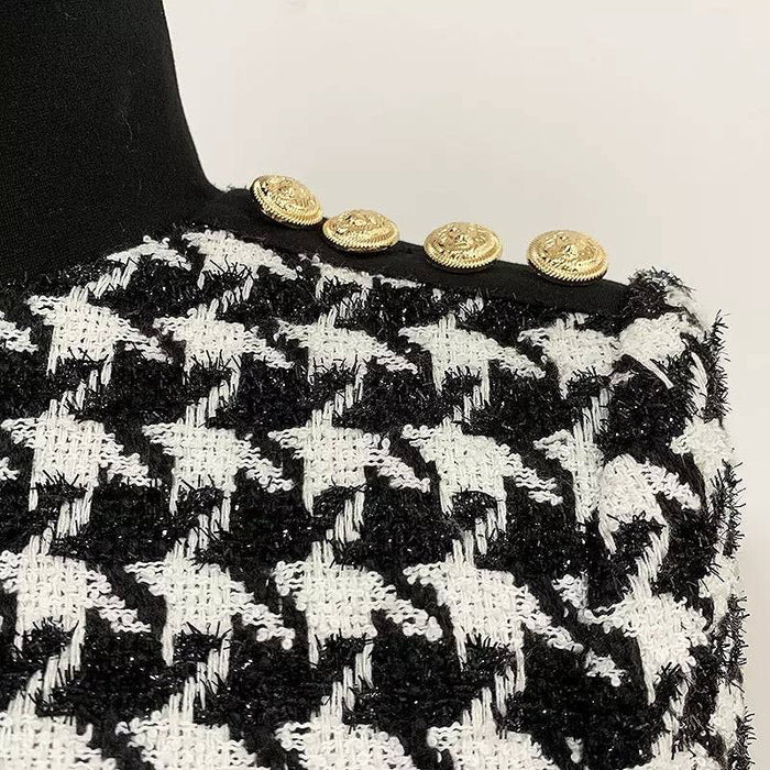 Houndstooth Tweed Knit Turtleneck Sweater Dress - BEYAZURA.COM