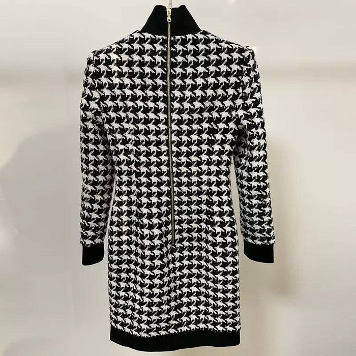 Houndstooth Tweed Knit Turtleneck Sweater Dress - BEYAZURA.COM