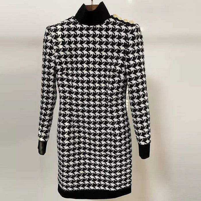 Houndstooth Tweed Knit Turtleneck Sweater Dress - BEYAZURA.COM