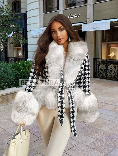 Houndstooth White Fox Fur Trim Belted Wool Jacket - BEYAZURA.COM