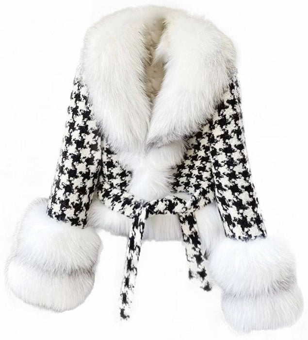 Houndstooth White Fox Fur Trim Belted Wool Jacket - BEYAZURA.COM