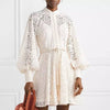 Ivory Paisley Lace Big Sleeve Belted Dress - BEYAZURA.COM