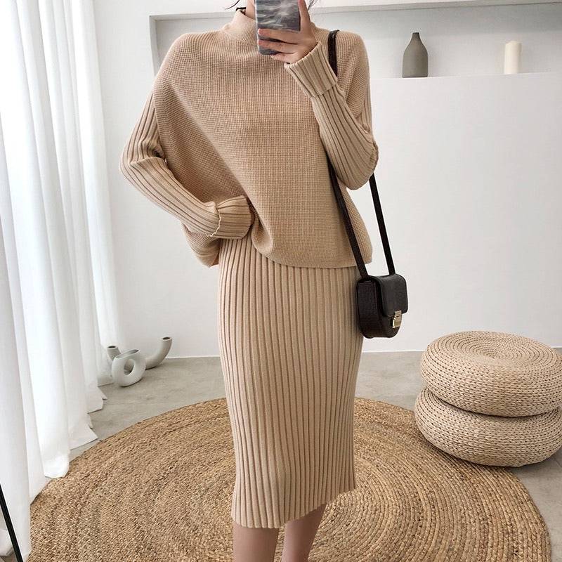 Iconic Duo Cream Ribbed Knit Two-Piece Midi Sweater Dress
