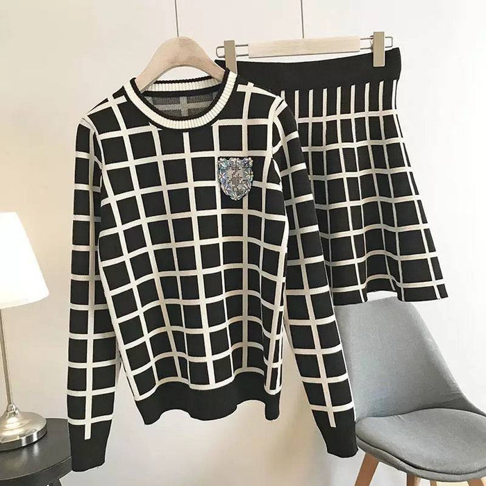 Knit Plaid Skirt and Pullover Two Piece Set - BEYAZURA.COM