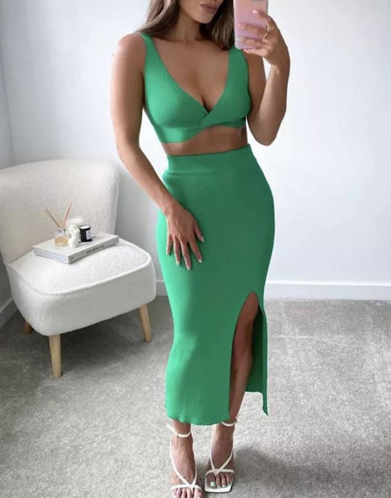 Knit Rib Bra Top Ankle Length Skirt Set - BEYAZURA.COM