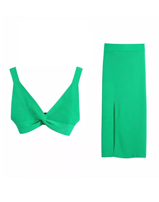 Knit Rib Bra Top Ankle Length Skirt Set - BEYAZURA.COM