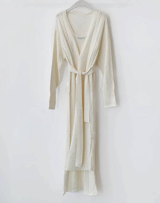 Knit Sleeveless Dress And Long Sleeve Robe Two Piece Set - BEYAZURA.COM