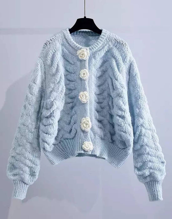 Knitted Flower Button Loose Cardigan - BEYAZURA.COM