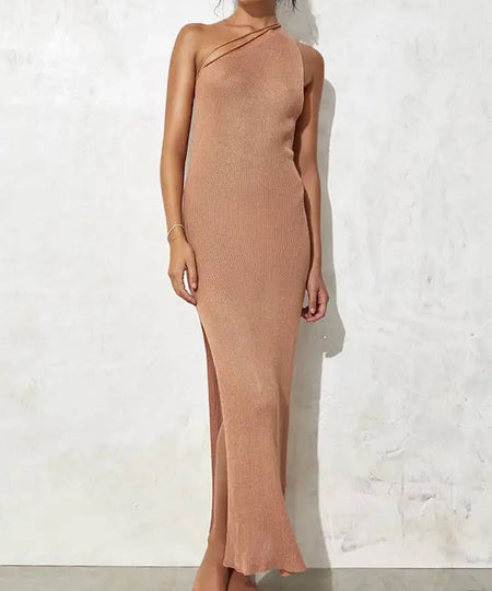 Knitted Long One Shoulder Light Dress - BEYAZURA.COM