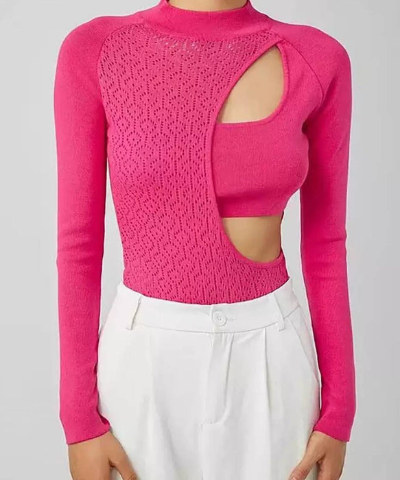 Knitted Pullover Long Sleeve Sweater In Pink - BEYAZURA.COM