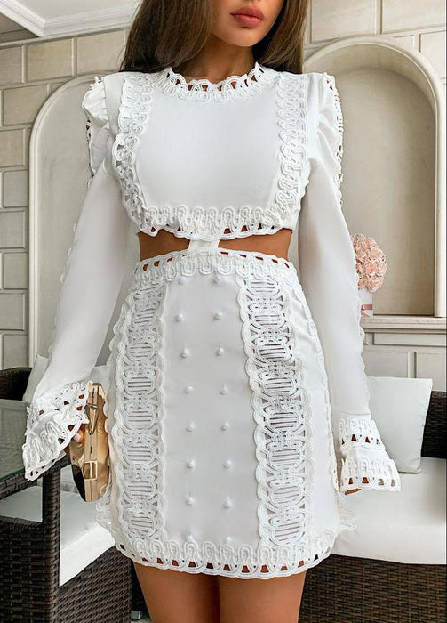 Lace Cut Out Mini Embroidered Dress - BEYAZURA.COM