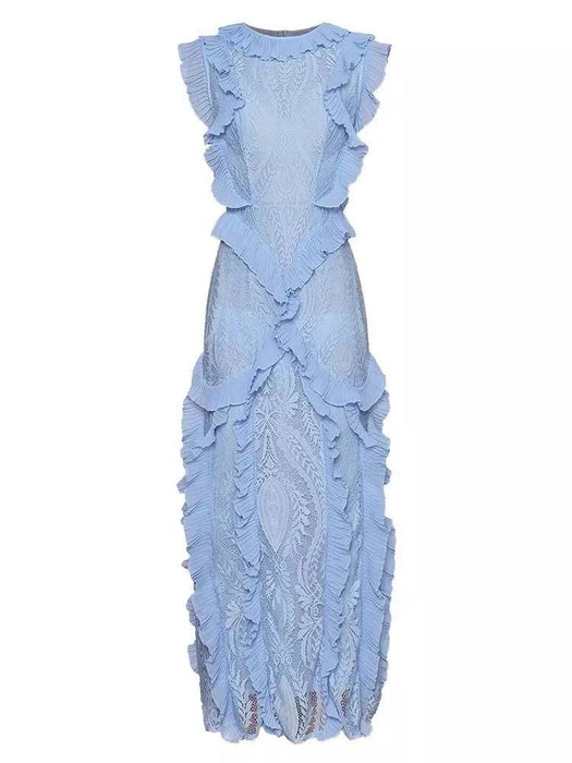 Lace Ruffle Embroidered Long Dress - BEYAZURA.COM