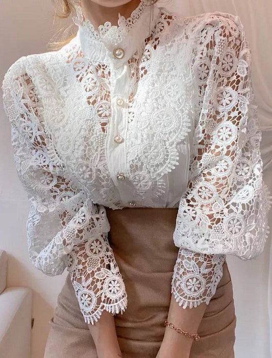 Lace Stand Collar Pearl Buttoned Shirt - BEYAZURA.COM