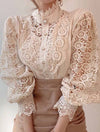 Lace Stand Collar Pearl Buttoned Shirt - BEYAZURA.COM