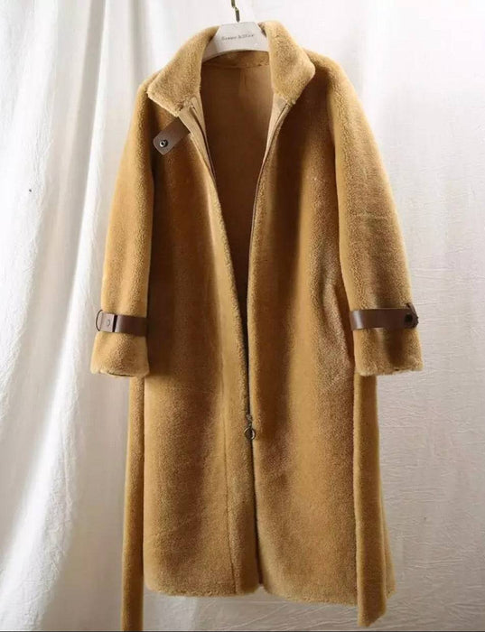 Lamb Wool Genuine Sheep Shearing Fur Belted Teddy Coat - BEYAZURA.COM