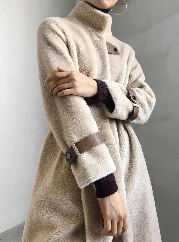 Lamb Wool Genuine Sheep Shearing Fur Belted Teddy Coat Beyazura