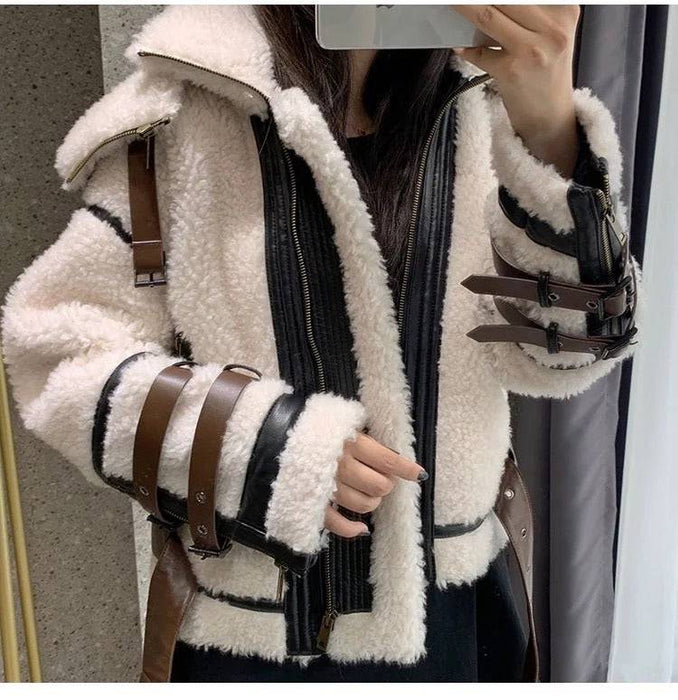 Lamb Wool Sheep Searing Fur Jacket With Stand Up Collar - BEYAZURA.COM