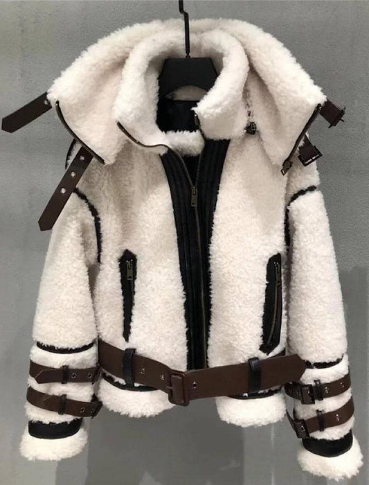 Lamb Wool Sheep Searing Fur Jacket With Stand Up Collar - BEYAZURA.COM