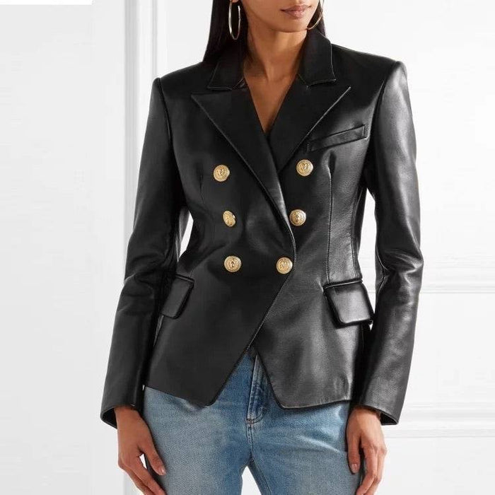 Lambskin Leather Gold Trimmed Blazer Jacket - BEYAZURA.COM