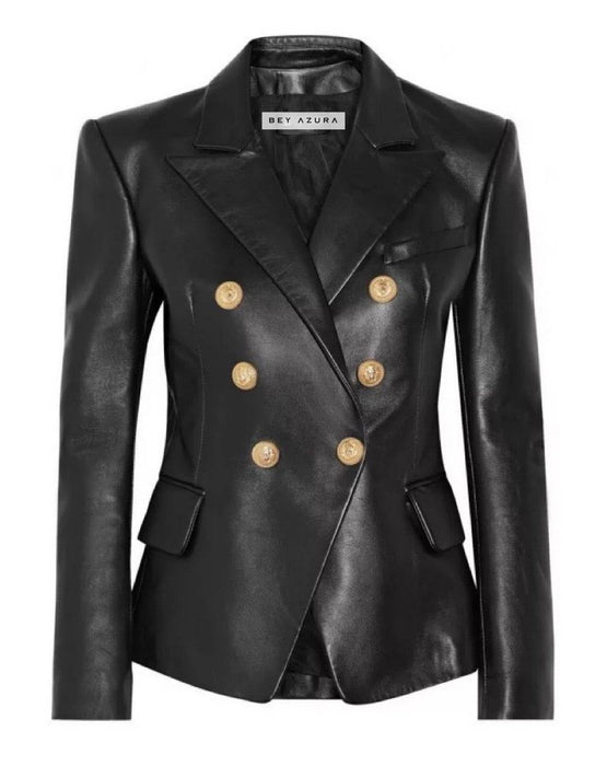 Lambskin Leather Gold Trimmed Blazer Jacket - BEYAZURA.COM