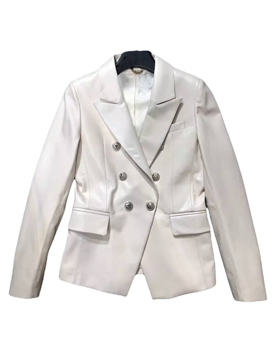 Lambskin Leather Gold Trimmed Blazer Jacket - BEYAZURA.COM