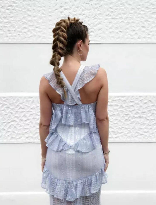 Layered Ruffle Lace Button Down Midi Dress - BEYAZURA.COM