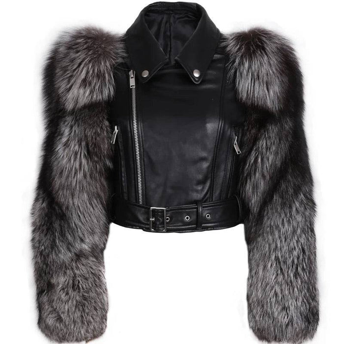 Leather Biker Jacket With Fluffy Fur Sleeves - BEYAZURA.COM