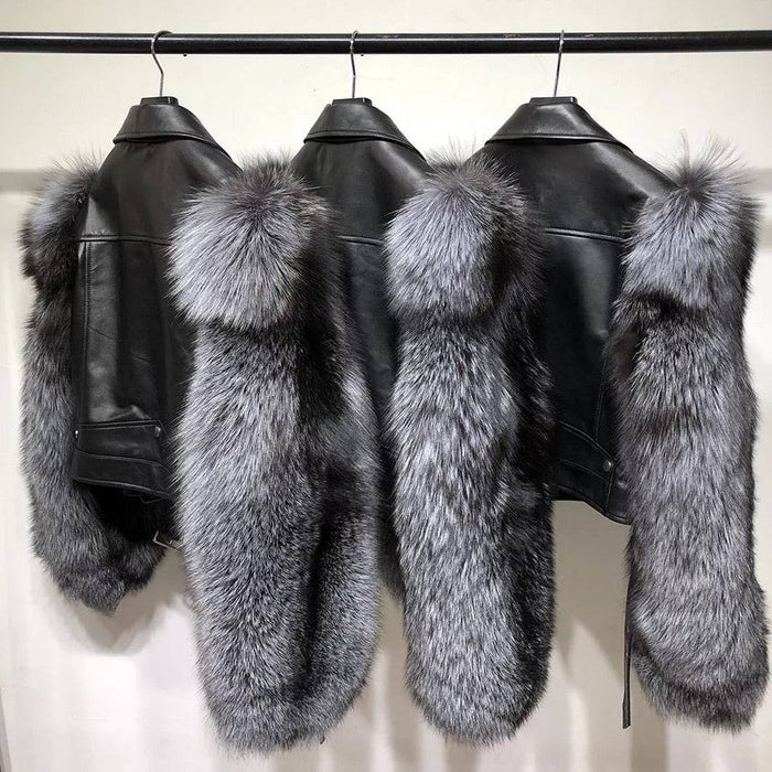 Leather Biker Jacket With Fluffy Fur Sleeves - BEYAZURA.COM