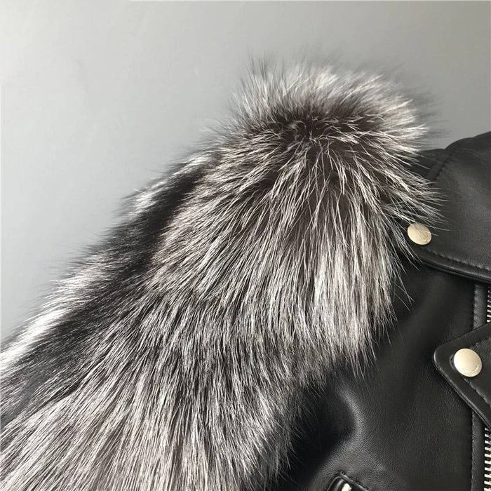 Leather Biker Jacket With Fluffy Fur Sleeves - BEYAZURA.COM