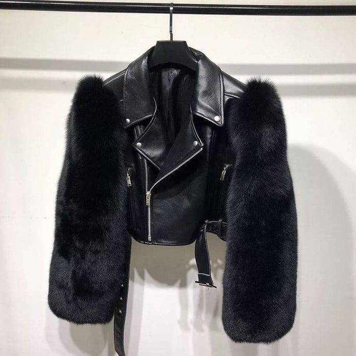 Leather Biker Jacket With Fluffy Fur Sleeves - BEYAZURA.COM