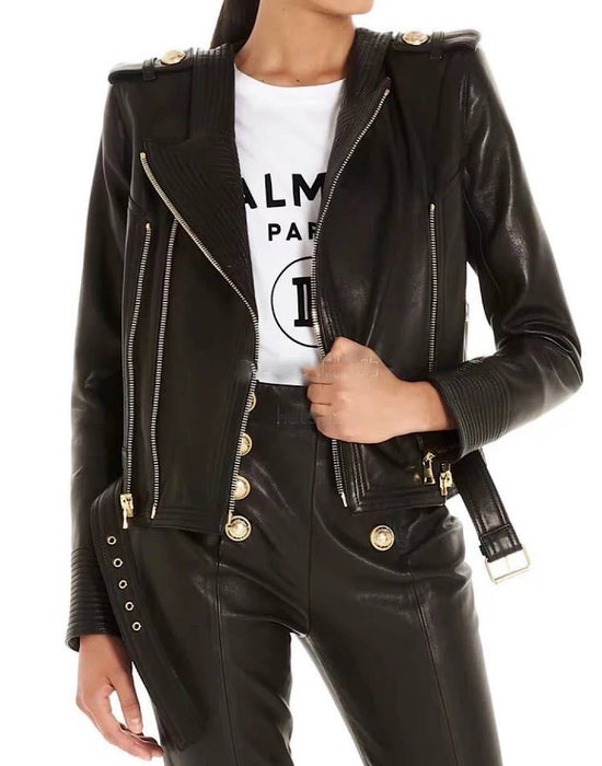 Leather Golden Trim Stitch Detail Jacket - BEYAZURA.COM