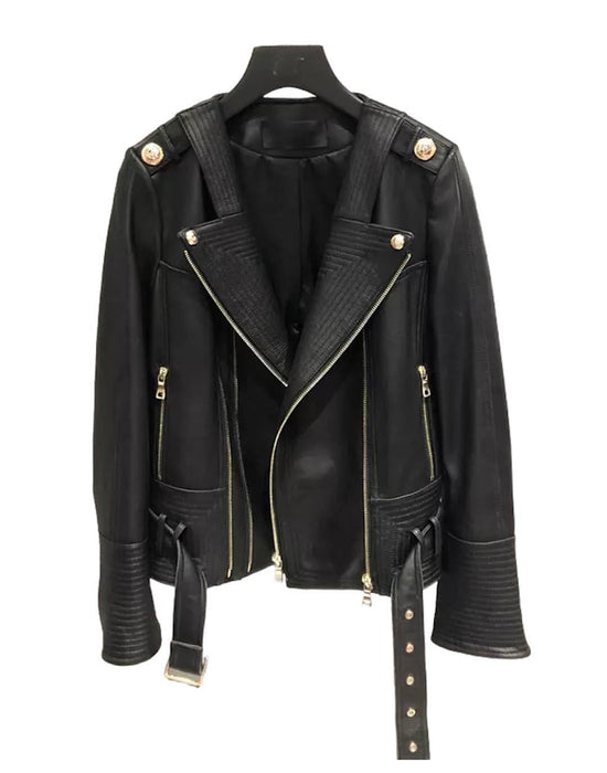 Leather Golden Trim Stitch Detail Jacket - BEYAZURA.COM