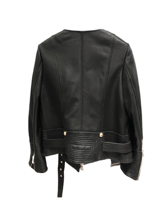 Leather Golden Trim Stitch Detail Jacket - BEYAZURA.COM