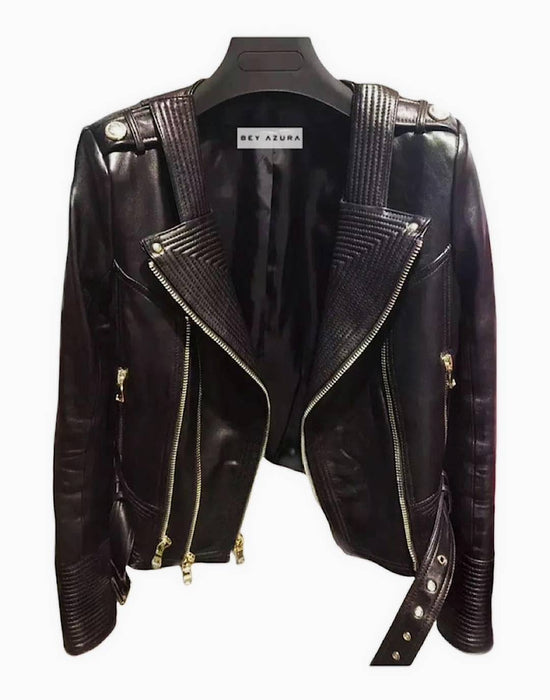 Leather Golden Trim Stitch Detail Jacket - BEYAZURA.COM