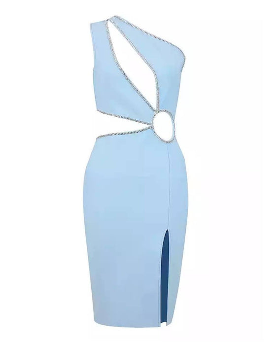 Light Blue Asymmetrical Cutout Crystallized Dress - BEYAZURA.COM