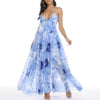 Light Blue Floral Print Backless Long Dress - BEYAZURA.COM