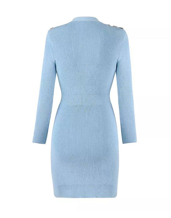 Light Blue Gold Button Chain Knitted Cardigan Dress Beyazura.com Light Blue Gold Button Chain Knitted Cardigan Dress Beyazura.com