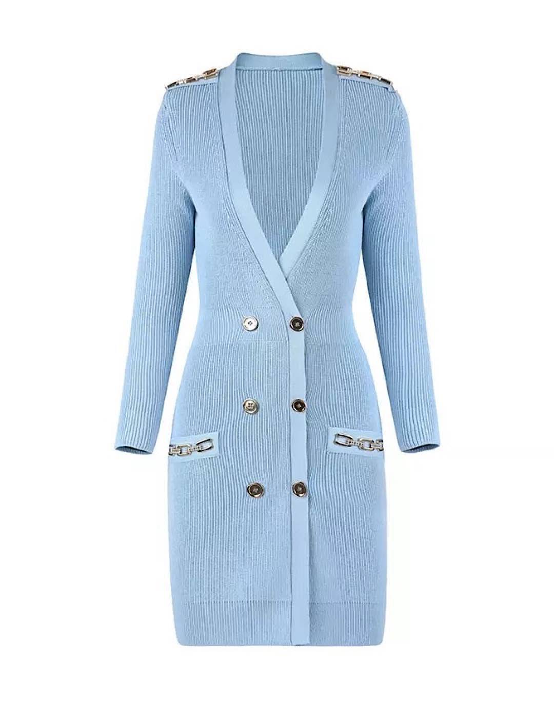 Light Blue Gold Button Chain Knitted Cardigan Dress Beyazura.com Light Blue Gold Button Chain Knitted Cardigan Dress Beyazura.com