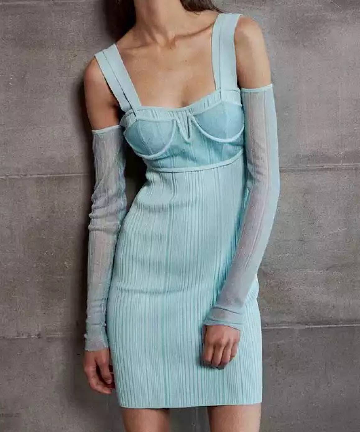 Light Blue Knitted Gloved Dress– Beyazura.com