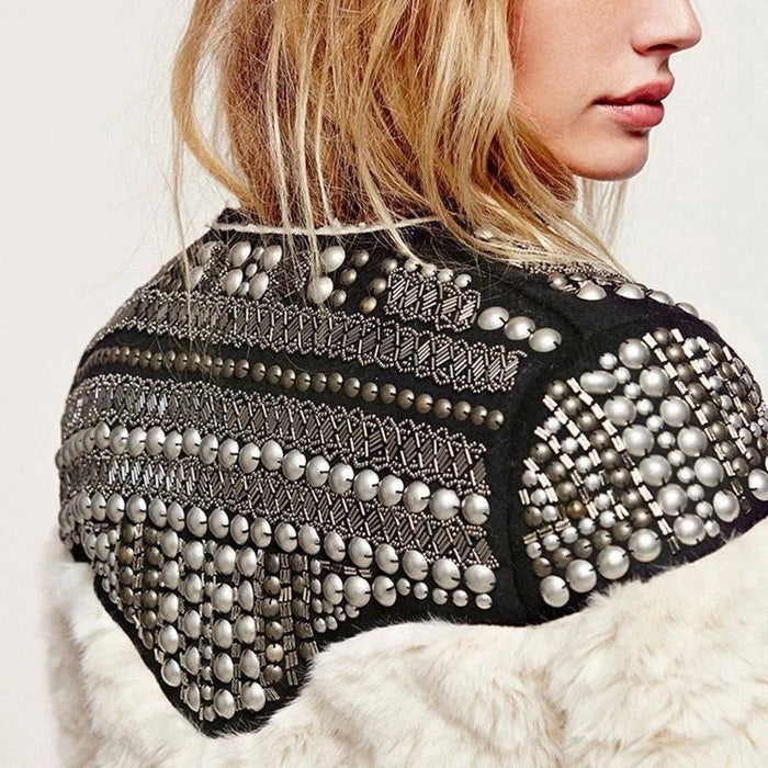 Light Faux Fur Studded Jacket - BEYAZURA.COM