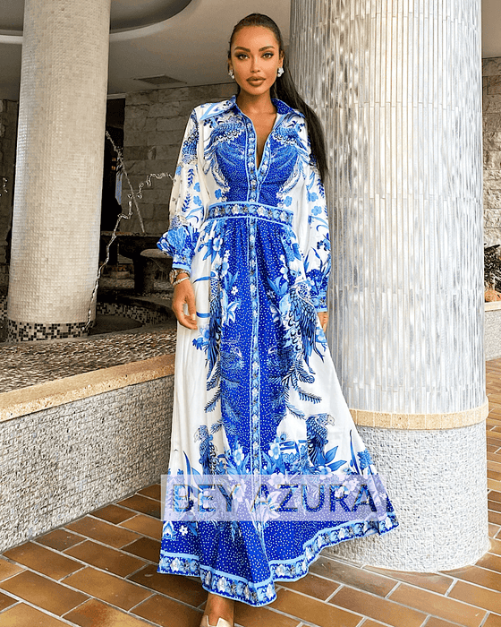 Long Floral Blue Print Buttoned Dress - BEYAZURA.COM