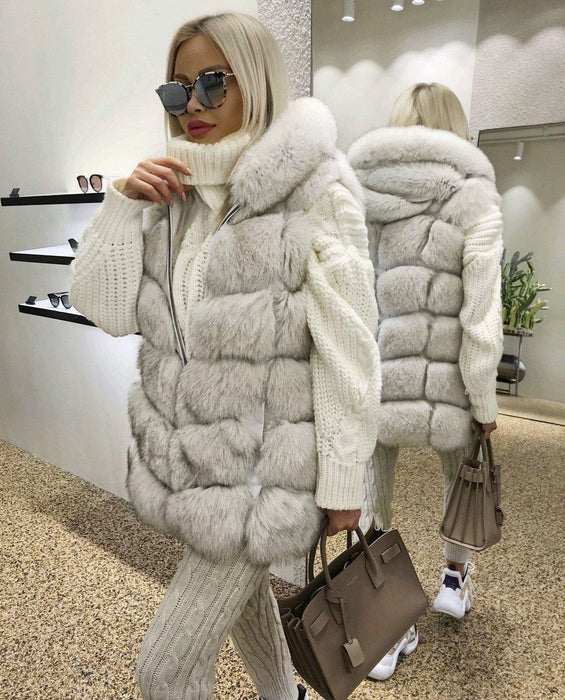 Long Fox Fur Vest With Hoodie - BEYAZURA.COM